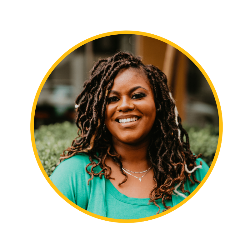 image of black woman smiling. she is a trauma coach. Podcast name is Growth The Hell Up. She wrote a mindset journal The Gemm Journal